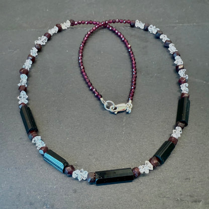 Ground, Balance, Protect Amulet: Black Tourmaline, Double Terminated Quartz and Garnet Necklace