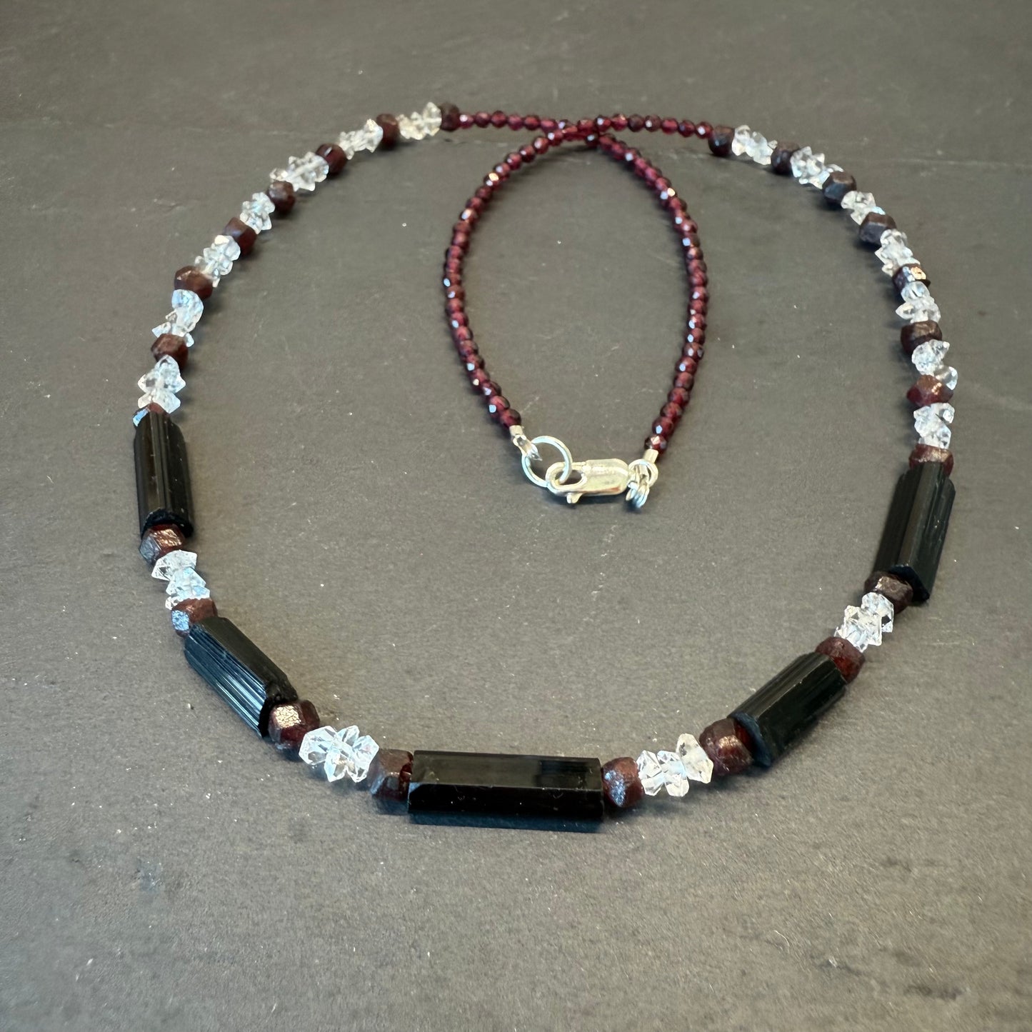 Ground, Balance, Protect Amulet: Black Tourmaline, Double Terminated Quartz and Garnet Necklace