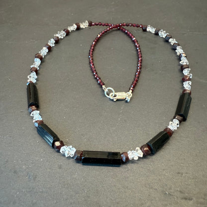 Ground, Balance, Protect Amulet: Black Tourmaline, Double Terminated Quartz and Garnet Necklace