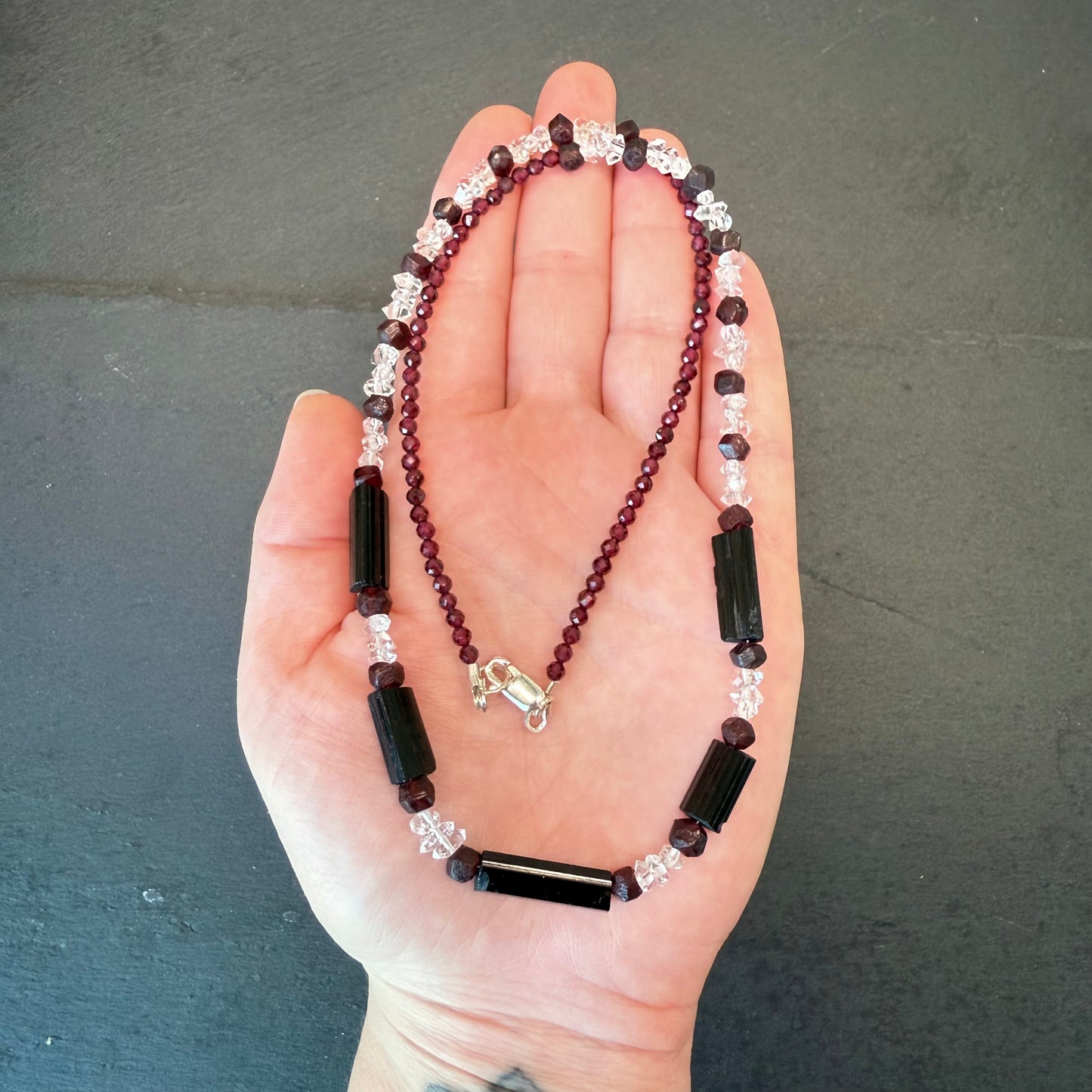 Ground, Balance, Protect Amulet: Black Tourmaline, Double Terminated Quartz and Garnet Necklace