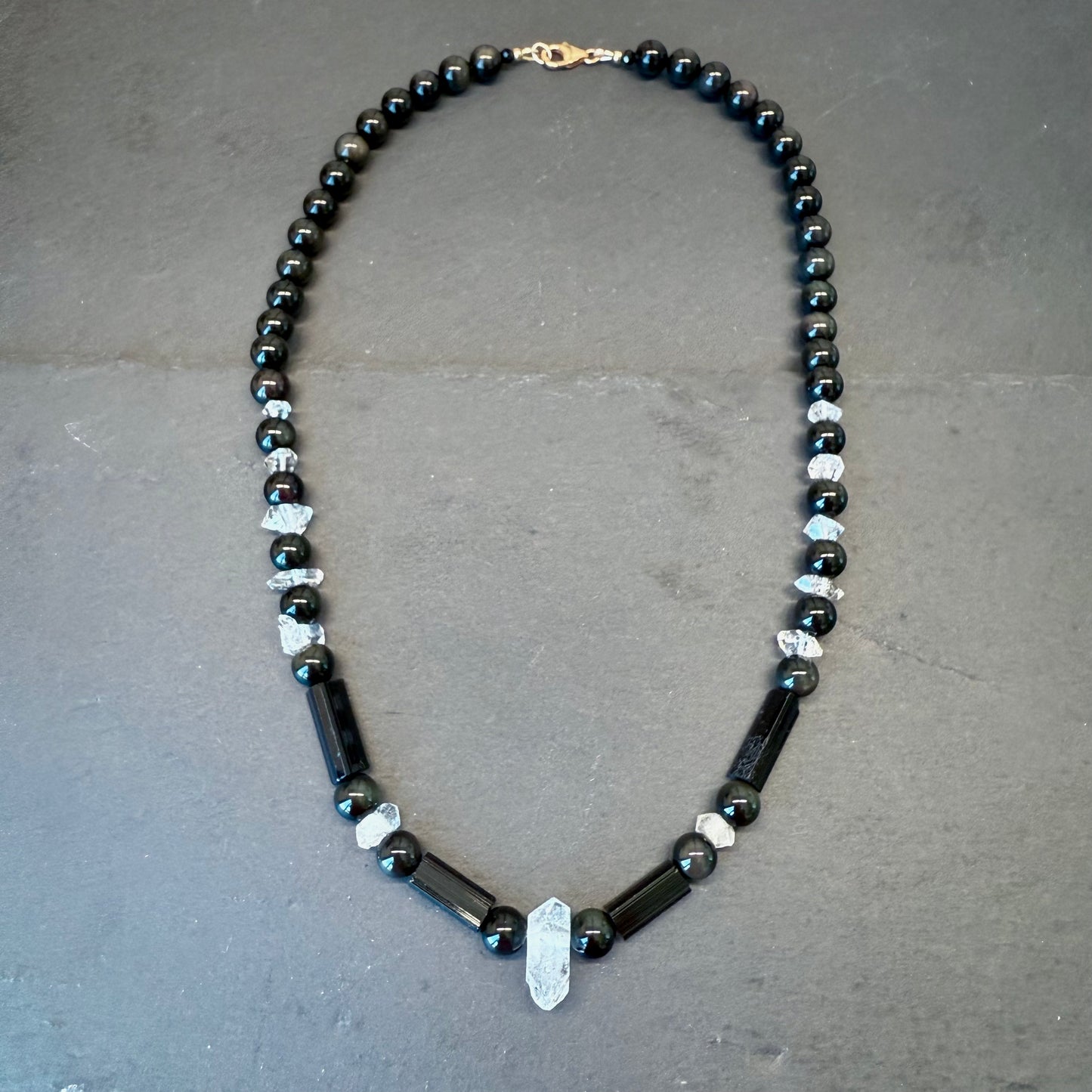 Transmutation and Spiritual Rebirth Talisman Necklace: Black Tourmaline, Double Terminated Quartz, Rainbow Obsidian