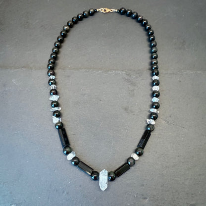 Transmutation and Spiritual Rebirth Talisman Necklace: Black Tourmaline, Double Terminated Quartz, Rainbow Obsidian