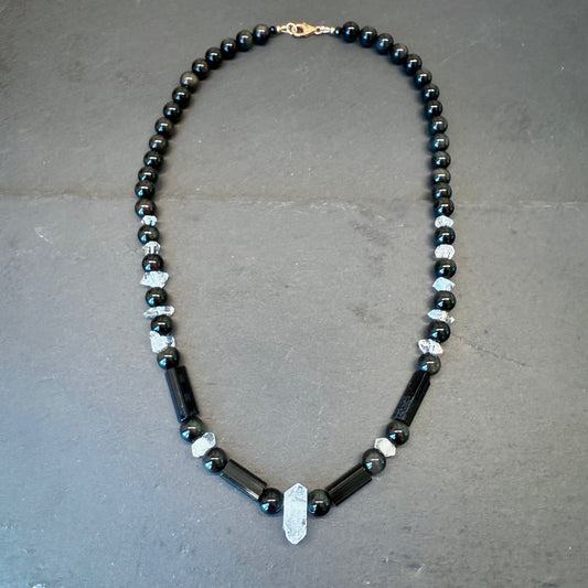 Transmutation and Spiritual Rebirth Talisman Necklace: Black Tourmaline, Double Terminated Quartz, Rainbow Obsidian