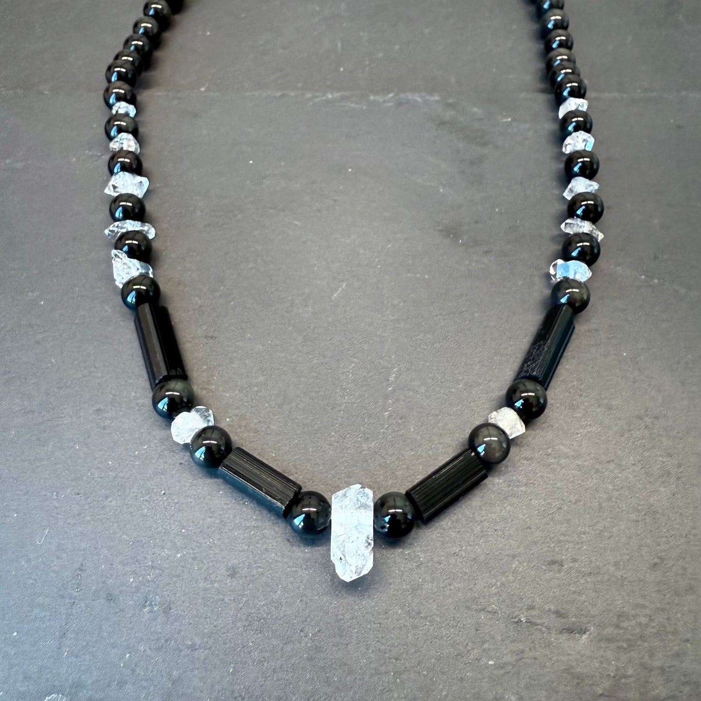 Transmutation and Spiritual Rebirth Talisman Necklace: Black Tourmaline, Double Terminated Quartz, Rainbow Obsidian