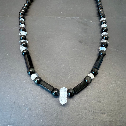 Transmutation and Spiritual Rebirth Talisman Necklace: Black Tourmaline, Double Terminated Quartz, Rainbow Obsidian