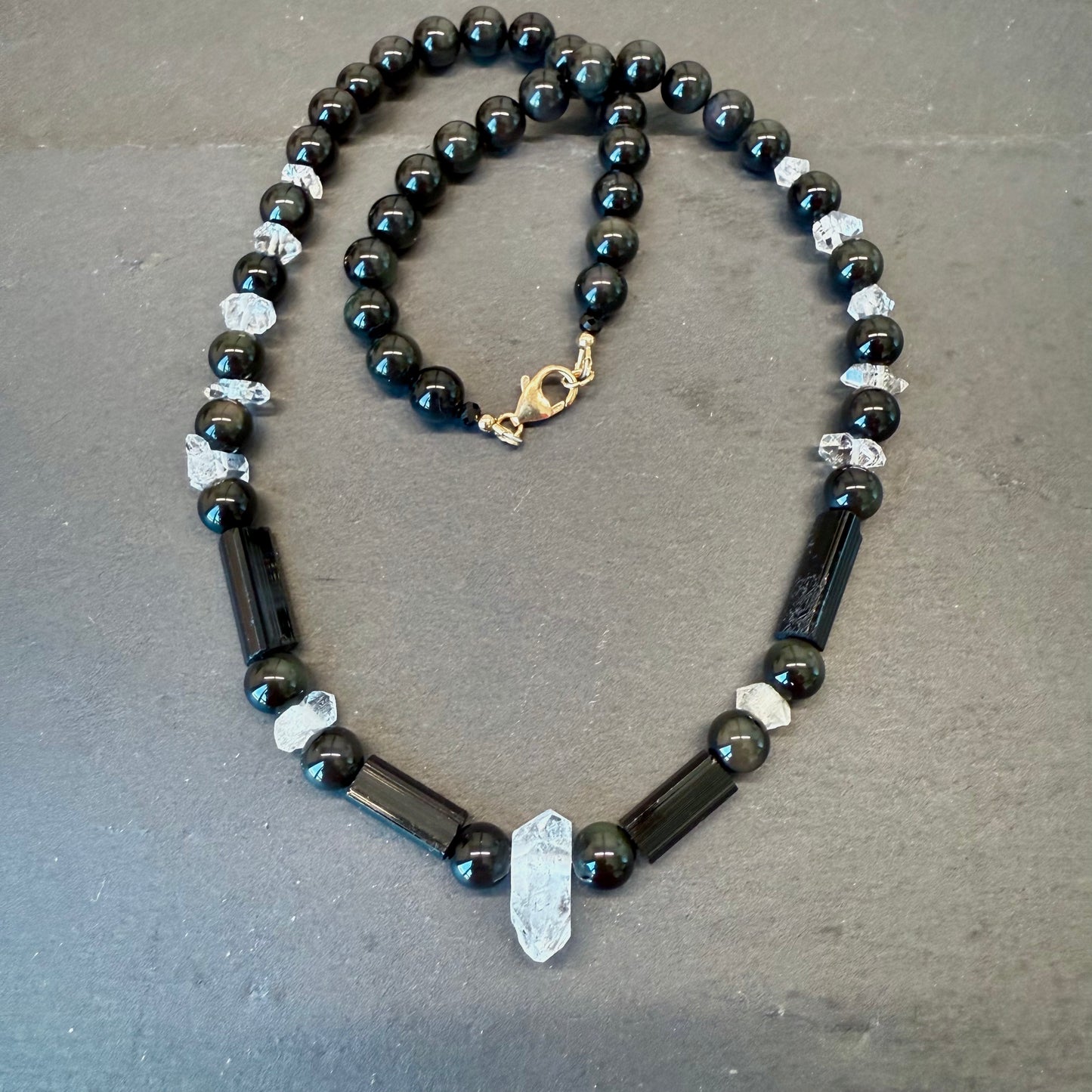 Transmutation and Spiritual Rebirth Talisman Necklace: Black Tourmaline, Double Terminated Quartz, Rainbow Obsidian