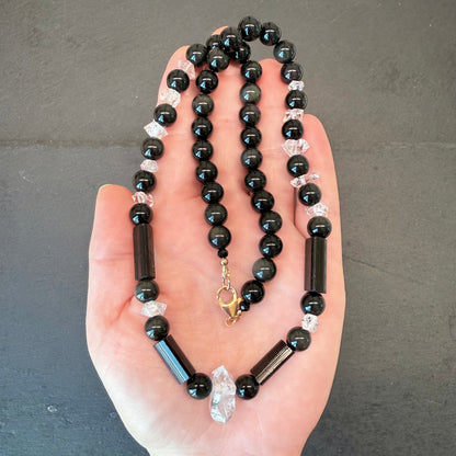 Transmutation and Spiritual Rebirth Talisman Necklace: Black Tourmaline, Double Terminated Quartz, Rainbow Obsidian