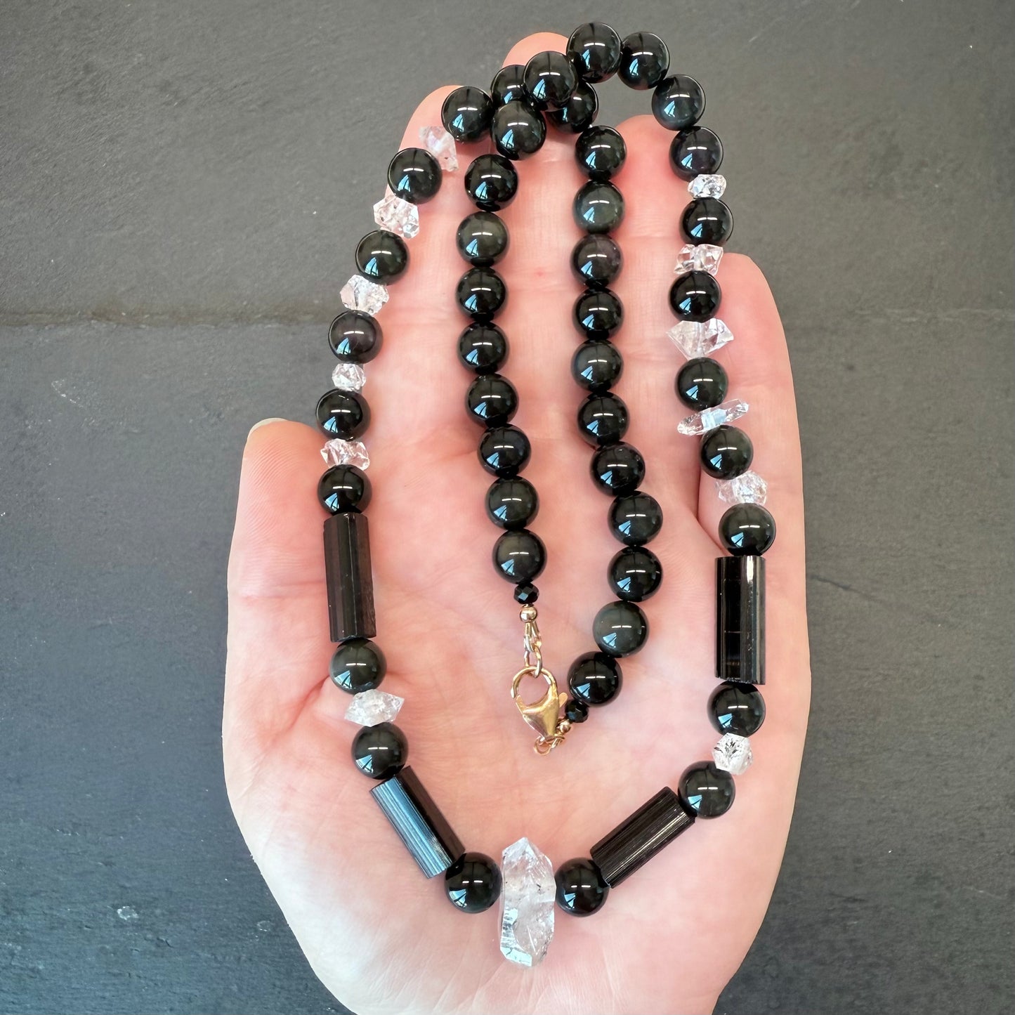 Transmutation and Spiritual Rebirth Talisman Necklace: Black Tourmaline, Double Terminated Quartz, Rainbow Obsidian