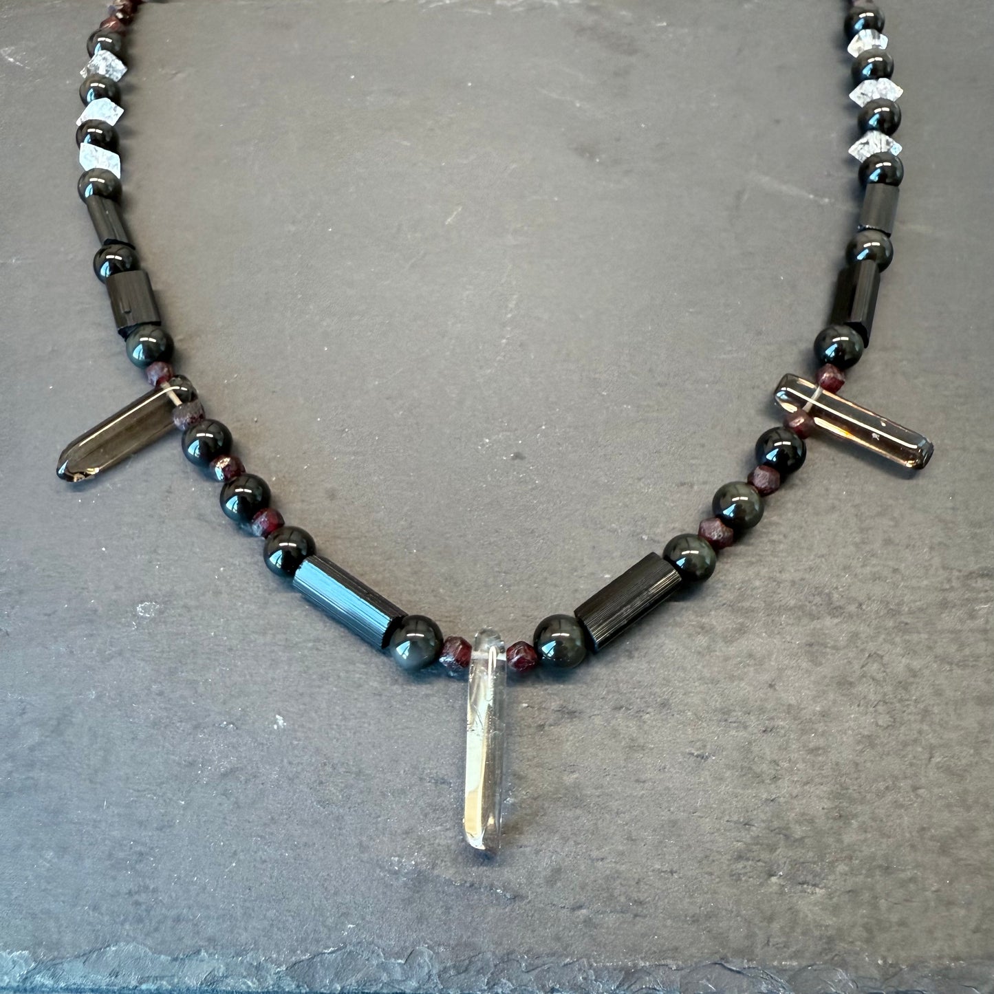 Energy Protection & Transmutation Necklace: Smoky Quartz, Black Tourmaline, Double Terminated Quartz, Garnet and Rainbow Obsidian Gemstone Necklace