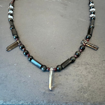 Energy Protection & Transmutation Necklace: Smoky Quartz, Black Tourmaline, Double Terminated Quartz, Garnet and Rainbow Obsidian Gemstone Necklace
