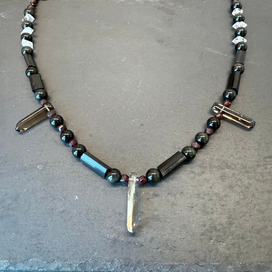 Energy Protection & Transmutation Necklace: Smoky Quartz, Black Tourmaline, Double Terminated Quartz, Garnet and Rainbow Obsidian Gemstone Necklace