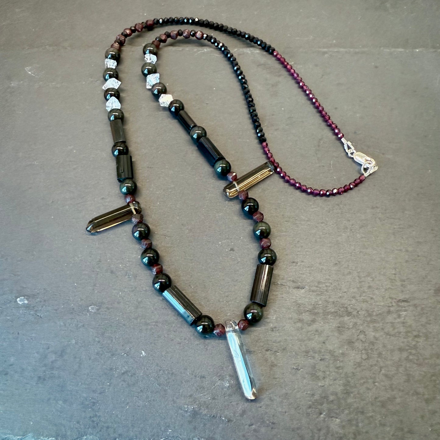 Energy Protection & Transmutation Necklace: Smoky Quartz, Black Tourmaline, Double Terminated Quartz, Garnet and Rainbow Obsidian Gemstone Necklace