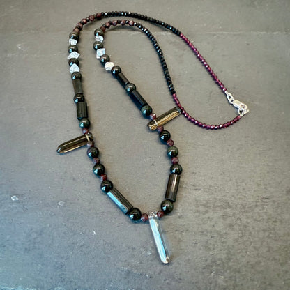 Energy Protection & Transmutation Necklace: Smoky Quartz, Black Tourmaline, Double Terminated Quartz, Garnet and Rainbow Obsidian Gemstone Necklace
