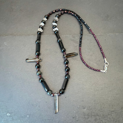 Energy Protection & Transmutation Necklace: Smoky Quartz, Black Tourmaline, Double Terminated Quartz, Garnet and Rainbow Obsidian Gemstone Necklace