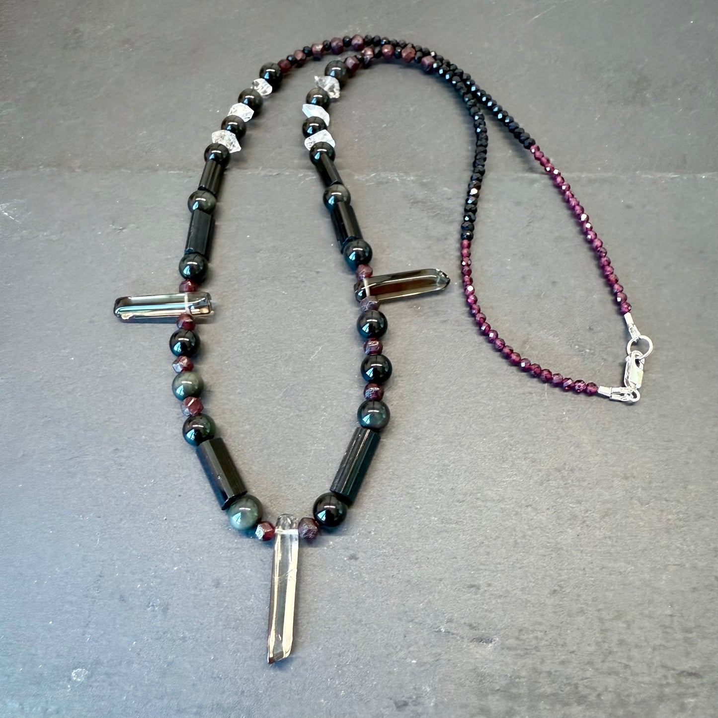 Energy Protection & Transmutation Necklace: Smoky Quartz, Black Tourmaline, Double Terminated Quartz, Garnet and Rainbow Obsidian Gemstone Necklace