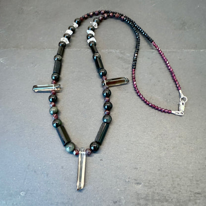 Energy Protection & Transmutation Necklace: Smoky Quartz, Black Tourmaline, Double Terminated Quartz, Garnet and Rainbow Obsidian Gemstone Necklace