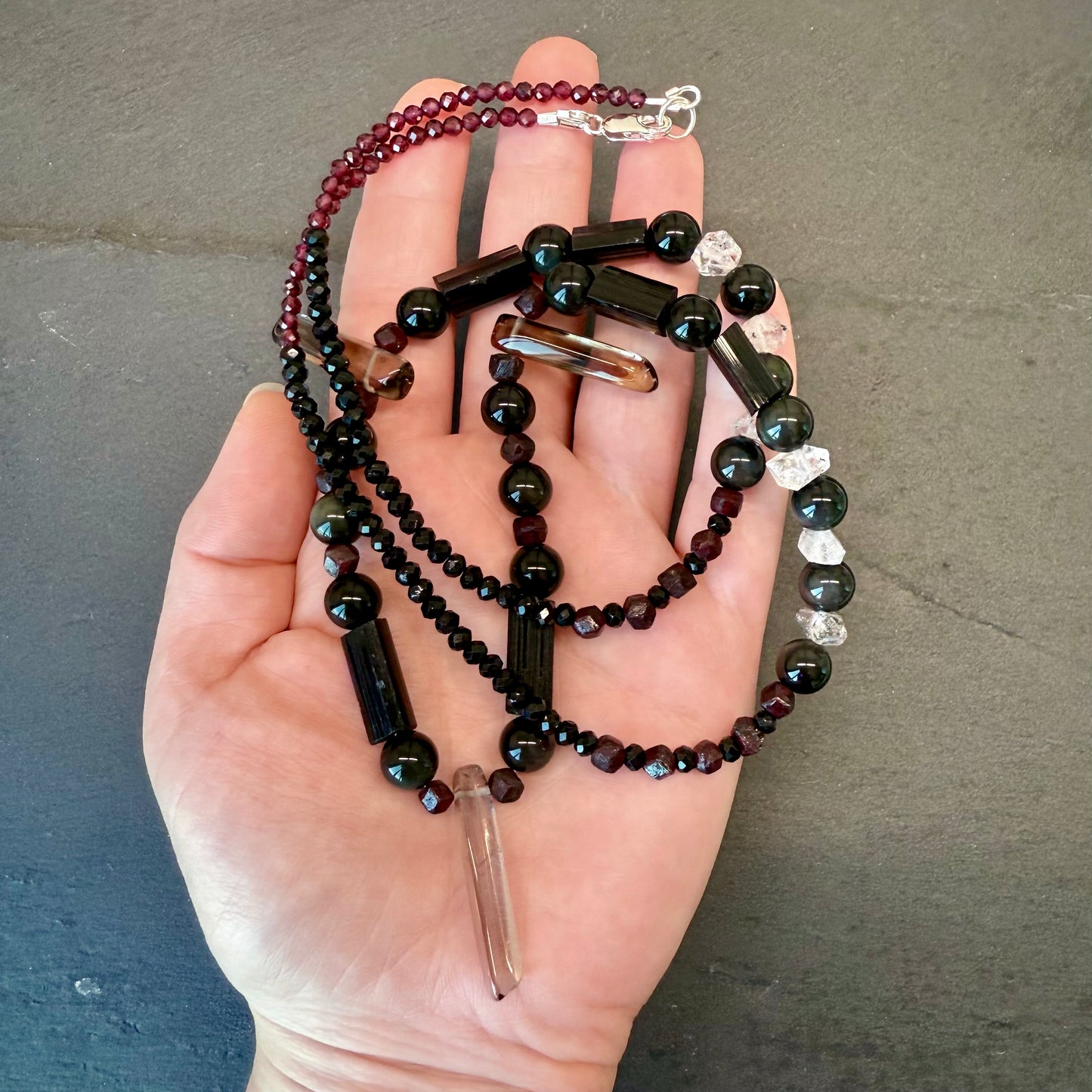 Energy Protection & Transmutation Necklace: Smoky Quartz, Black Tourmaline, Double Terminated Quartz, Garnet and Rainbow Obsidian Gemstone Necklace