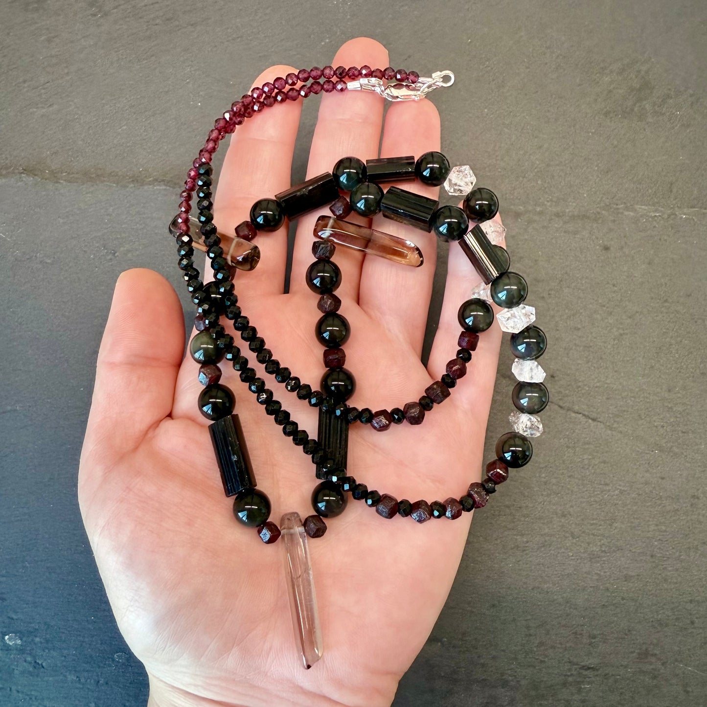 Energy Protection & Transmutation Necklace: Smoky Quartz, Black Tourmaline, Double Terminated Quartz, Garnet and Rainbow Obsidian Gemstone Necklace