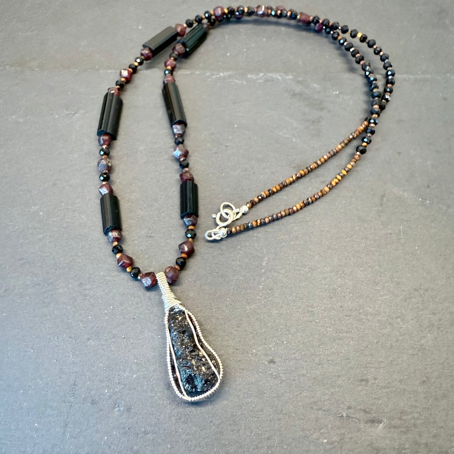 Grounding & Integrating Ascension Energies Talisman: Black Tektite, Black Tourmaline, Tiger's Eye and Garnet Necklace
