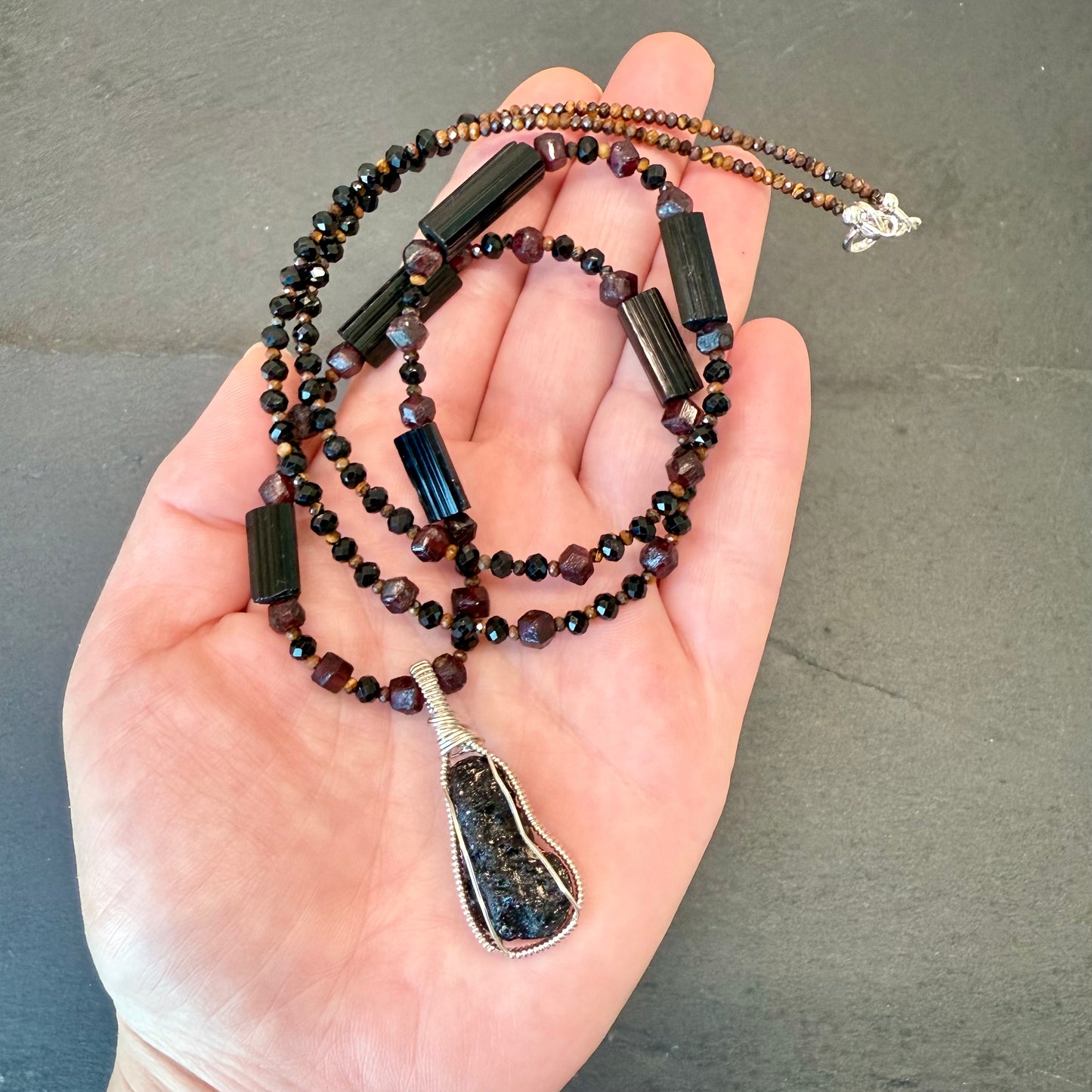 Grounding & Integrating Ascension Energies Talisman: Black Tektite, Black Tourmaline, Tiger's Eye and Garnet Necklace