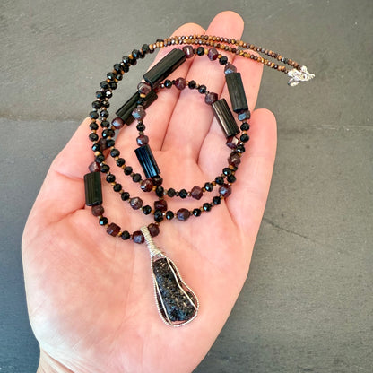 Grounding & Integrating Ascension Energies Talisman: Black Tektite, Black Tourmaline, Tiger's Eye and Garnet Necklace