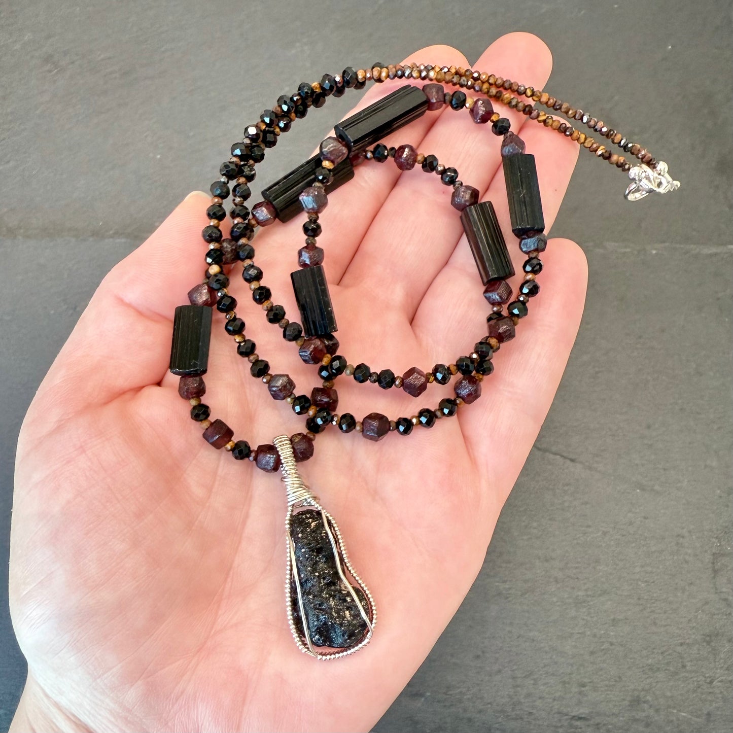 Grounding & Integrating Ascension Energies Talisman: Black Tektite, Black Tourmaline, Tiger's Eye and Garnet Necklace