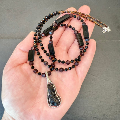 Grounding & Integrating Ascension Energies Talisman: Black Tektite, Black Tourmaline, Tiger's Eye and Garnet Necklace