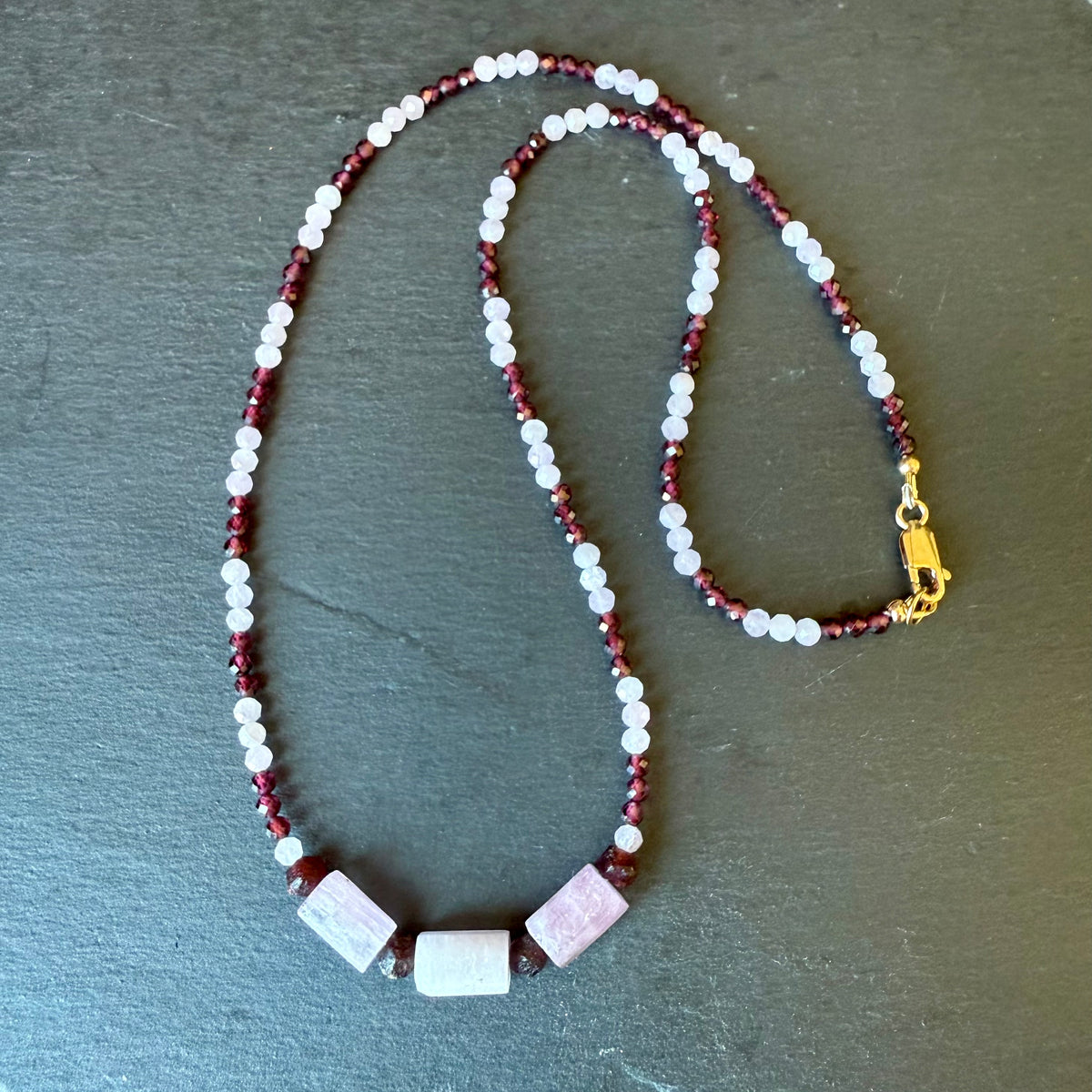Aphrodite Talisman Kunzite and Garnet Necklace