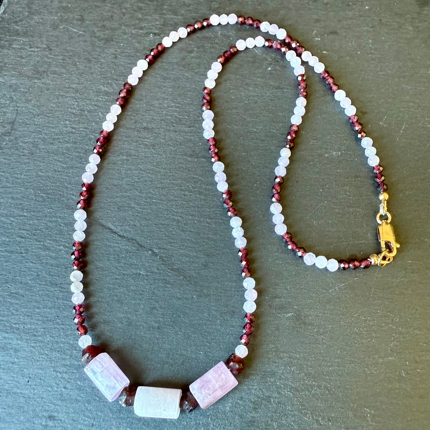 Aphrodite Talisman Kunzite and Garnet Necklace