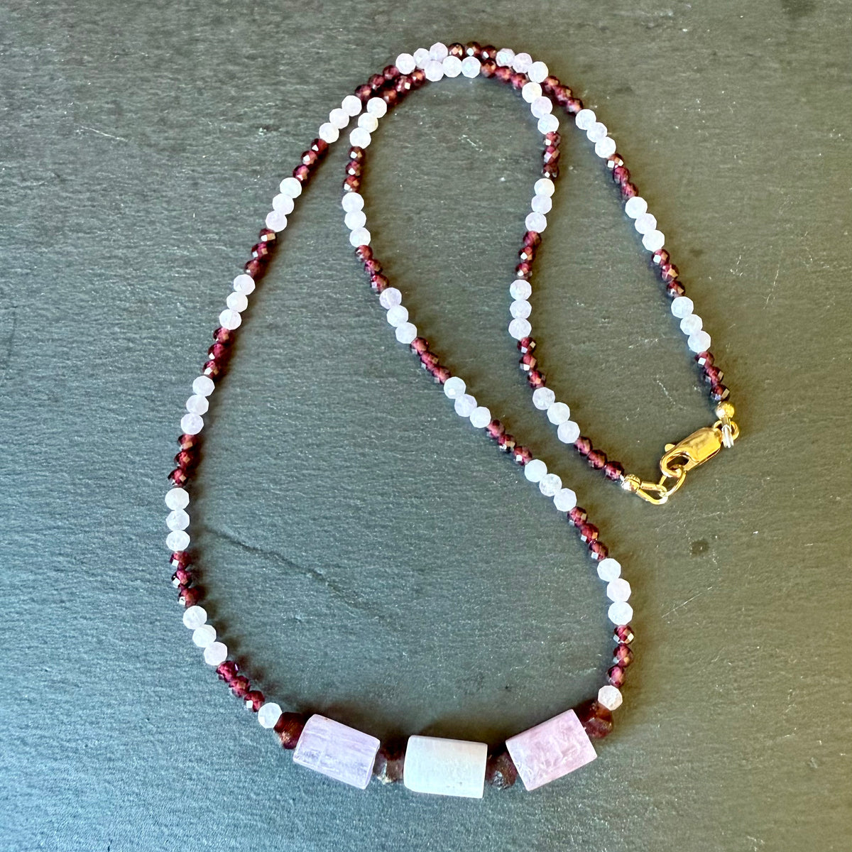 Aphrodite Talisman Kunzite and Garnet Necklace