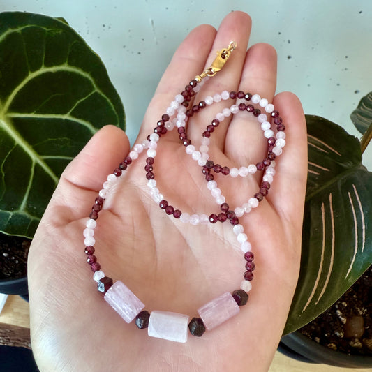 Aphrodite Talisman Kunzite and Garnet Necklace