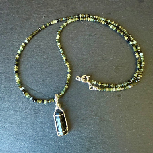 Black Tourmaline Crystal Pendant and Green Tourmaline Necklace