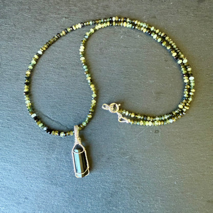 Black Tourmaline Crystal Pendant and Green Tourmaline Necklace