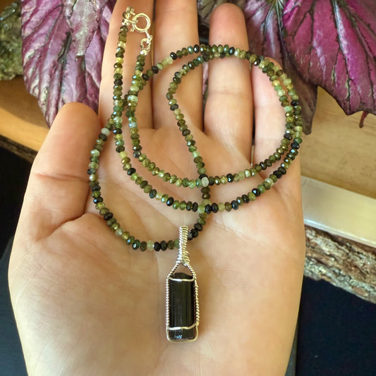 Black Tourmaline Crystal Pendant and Green Tourmaline Necklace