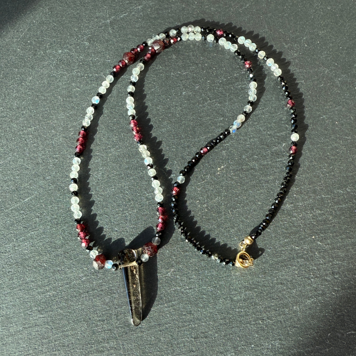 Aura Shield Amulet Necklace: Smoky Quartz, Black Tourmaline, Garnet and Labradorite