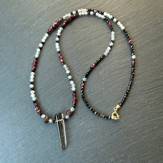 Aura Shield Amulet Necklace: Smoky Quartz, Black Tourmaline, Garnet and Labradorite