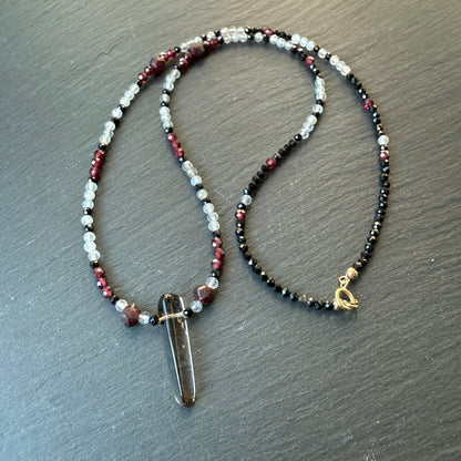 Aura Shield Amulet Necklace: Smoky Quartz, Black Tourmaline, Garnet and Labradorite
