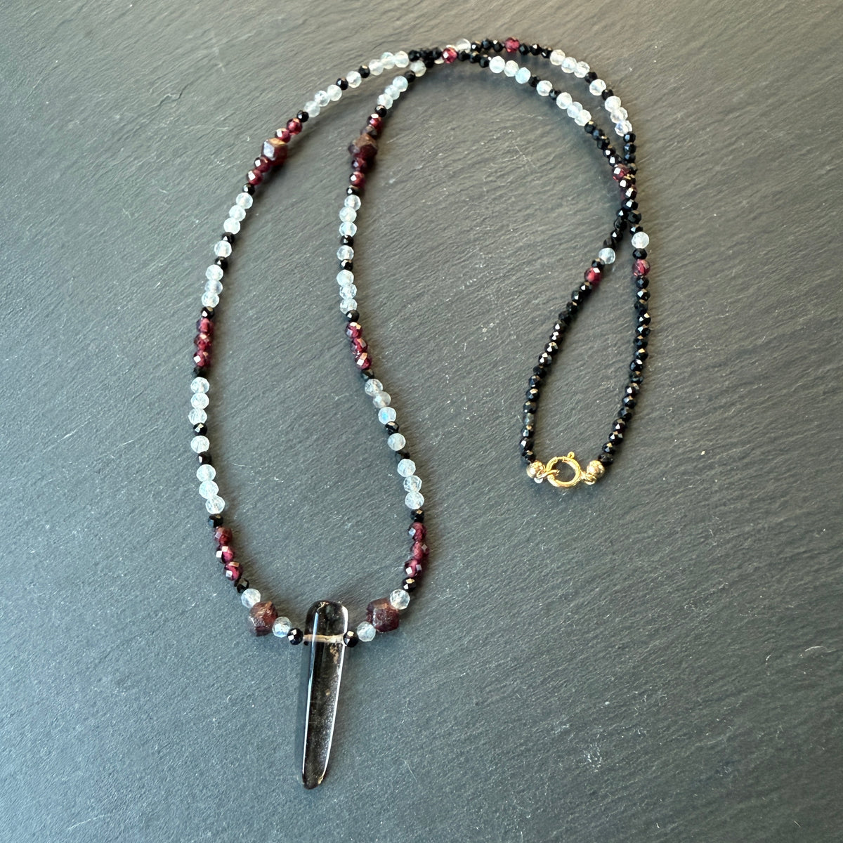Aura Shield Amulet Necklace: Smoky Quartz, Black Tourmaline, Garnet and Labradorite
