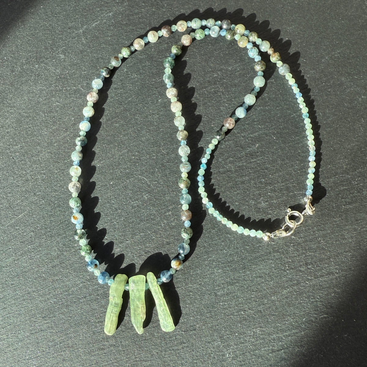 Bridge To Higher Consciousness: Blue and Green Kyanite Crystal Gemstone Necklace