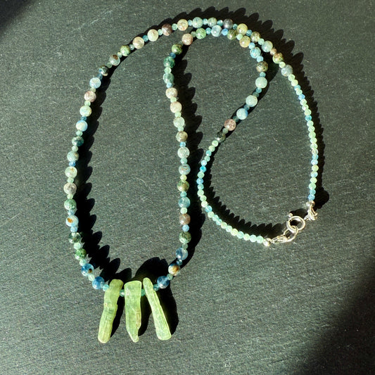 Bridge To Higher Consciousness: Blue and Green Kyanite Crystal Gemstone Necklace