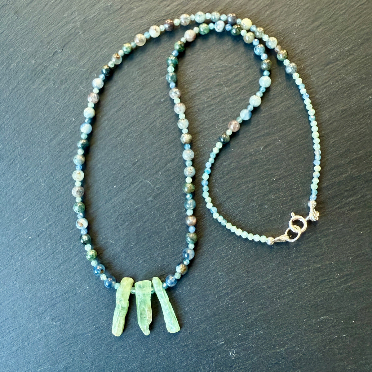 Bridge To Higher Consciousness: Blue and Green Kyanite Crystal Gemstone Necklace