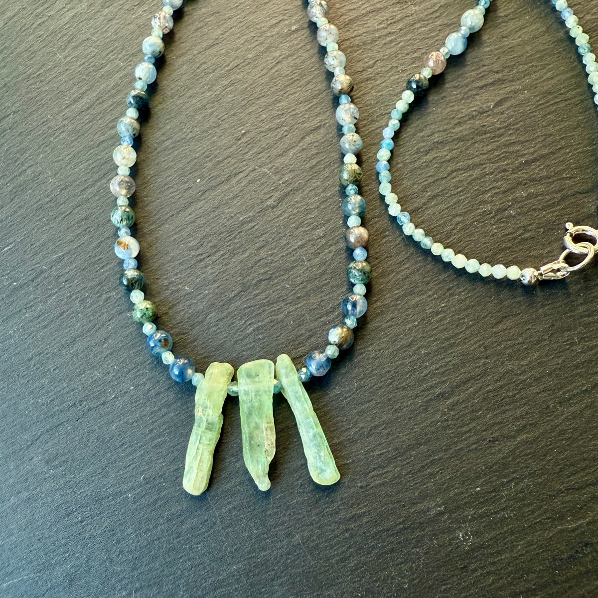 Bridge To Higher Consciousness: Blue and Green Kyanite Crystal Gemstone Necklace