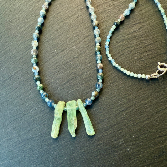 Bridge To Higher Consciousness: Blue and Green Kyanite Crystal Gemstone Necklace