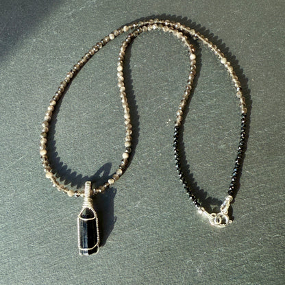 Grounding and Protection Amulet: Black Tourmaline and Silver Sheen Obsidian Necklace