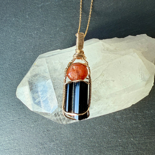 Sunstone and Black Tourmaline Crystal Pendant