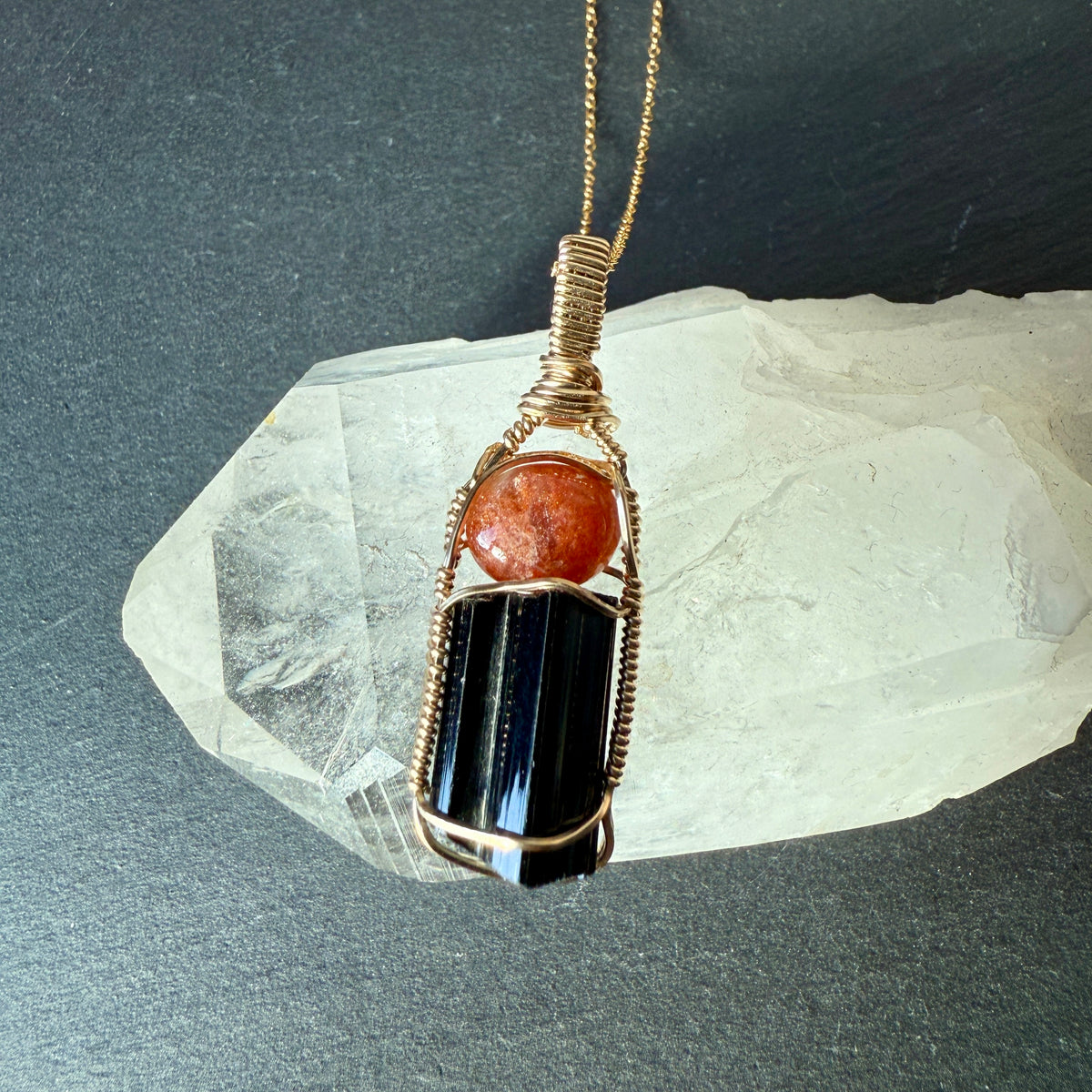 Sunstone and Black Tourmaline Crystal Pendant