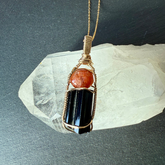 Sunstone and Black Tourmaline Crystal Pendant