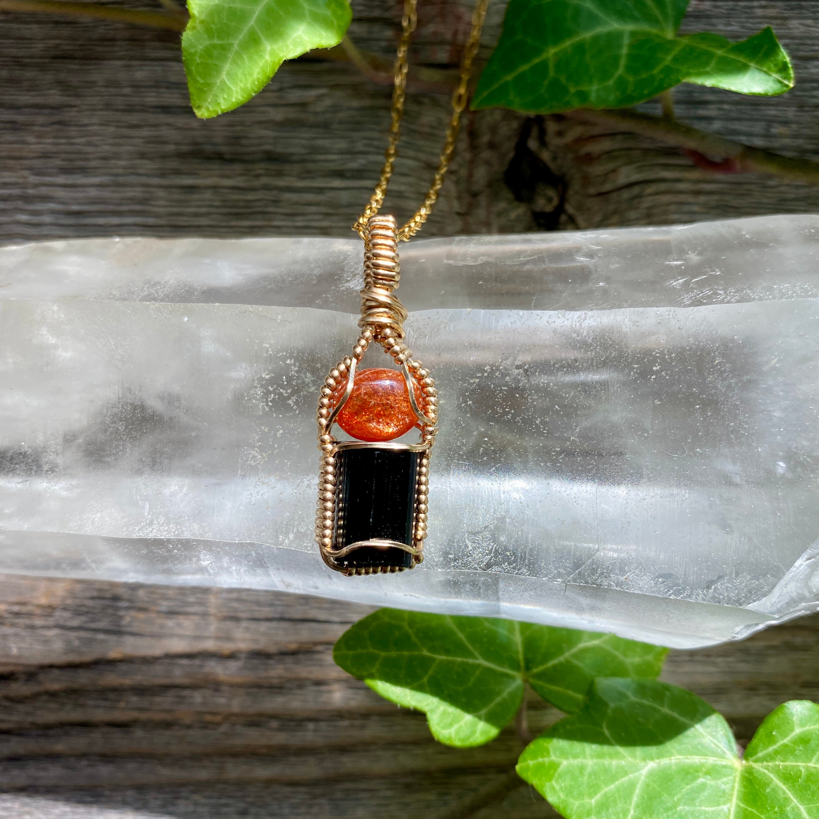 Sunstone and Black Tourmaline Crystal Pendant Sacred Gemstone