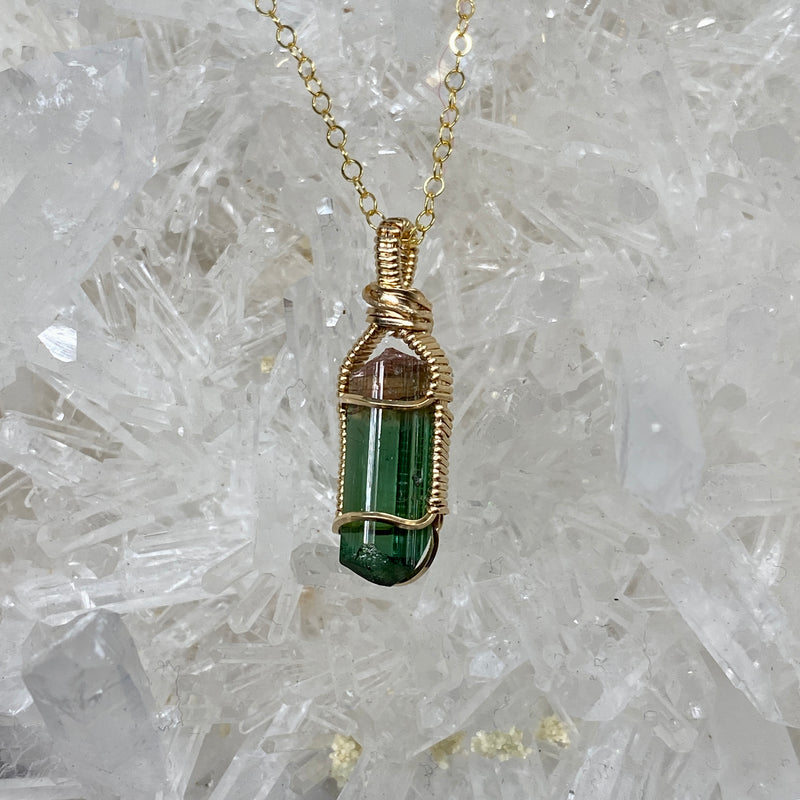 Green and Pink Tourmaline Crystal Pendant