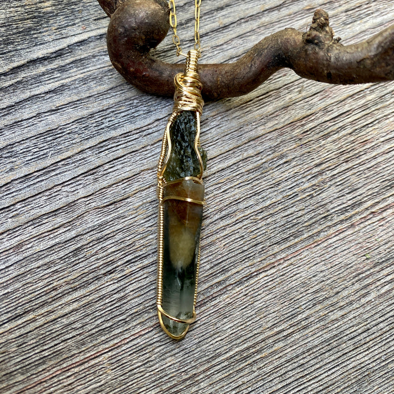 Moldavite and Forest Crystal Actinolite Phantom Quartz Pendant